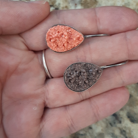 Elegant Brown and Coral Druzy Style Teardrop Earrings - Picture 2 of 2